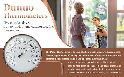 6-inch Outdoor Thermometer for Patio, Outside Analog Temperature Gauge – Weather Resistant for Garden, Home, and Greenhouse, Garage, Brass Swivel Thermometer.