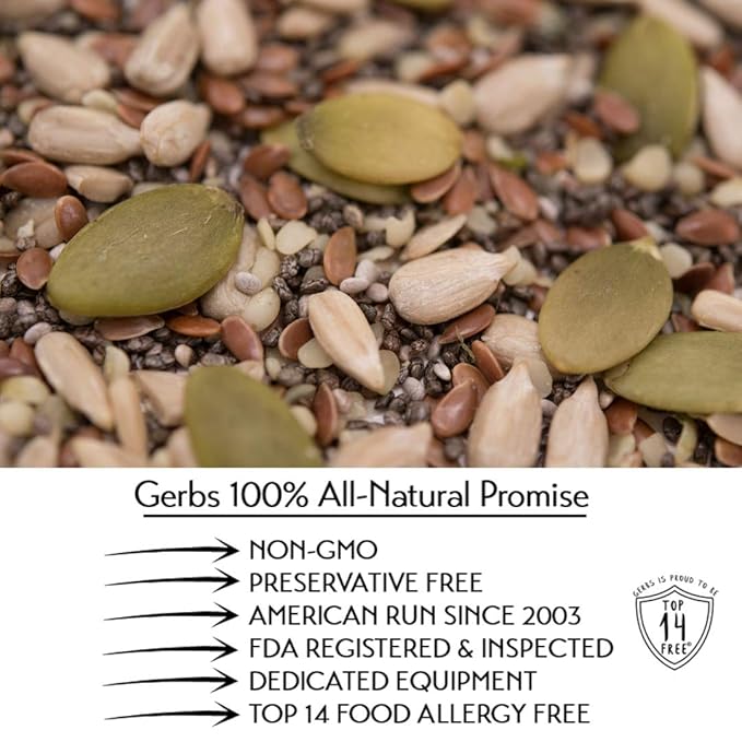 Gerbs Super 5 Seed Snack Mix 14 oz. | Raw, No Artificial Additives, Resealable Bag | Crunchy Pumpkin, Sunflower, Flax, Chia & Hemp Blend | Top 14 Allergen-Free