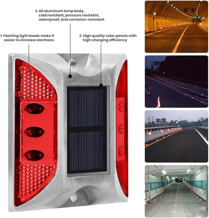 Solar Raised Pavement Marker High Brightness IP68 Waterproof Solar Powered Reflector Road Solar Blinker Light for Anti-diecast Aluminum Protruding Signs Safety Warning (Red)