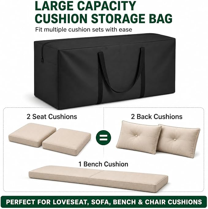 Cushion Storage Bag 420D Waterproof 68" Rectangular Outdoor Patio Cushion Storage Bags — Outdoor Cushions Storage Bag with Zipper and Handles Extra Large Storage Bags 68" L x 29" H x 20" W Black