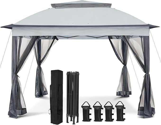 COOS BAY Pop up Gazebo 11x11, Instant Canopy Tent with Mesh Netting, Patio Gazebo with 121 Square Feet of Shade, 4 Weight Bags Included, Gray