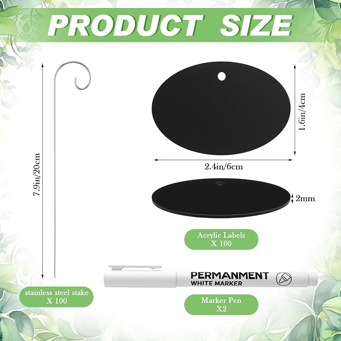 Novabright 100 Pcs Black Acrylic Plant Labels with Metal Stakes 7.9 Inch Garden Markers Plant Labels Waterproof Weatherproof Reusable Tags with 2 Marker Pens for Outdoor Potted Plants, Seed, Flowers