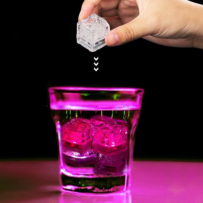 Light Up Ice Cubes for Drinks, 96 PCS Pink LED Ice Cubes Liquid Activated, Glow in The Dark Waterproof Ice Cubes for Home Bar Supplies Summer Party Wedding Decor