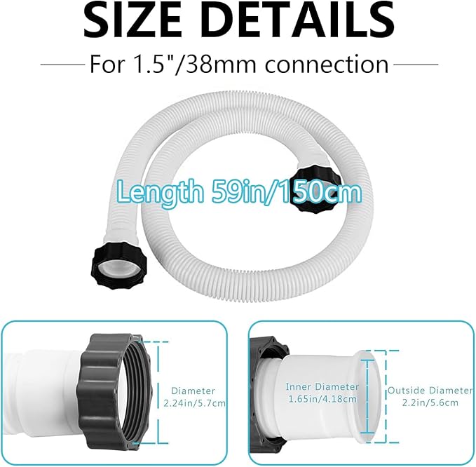 2-Pack 1.5-Inch Diameter Pool Hoses, 59-Inch Replacement Hoses Compatible with Above Ground Pool Pumps, Fits 1500 to 2500 GPH Filter Pumps, Sand & Saltwater System