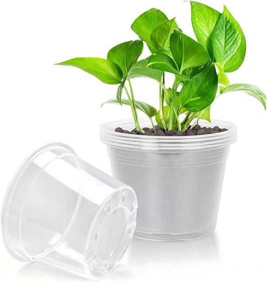 10 Inch Large Clear Nursery Pots with Drainage, 5 Pack Plastic Pots for Plants, Clear Plant Seedling Pots for Indoor & Outdoor Gardening (10 inch)