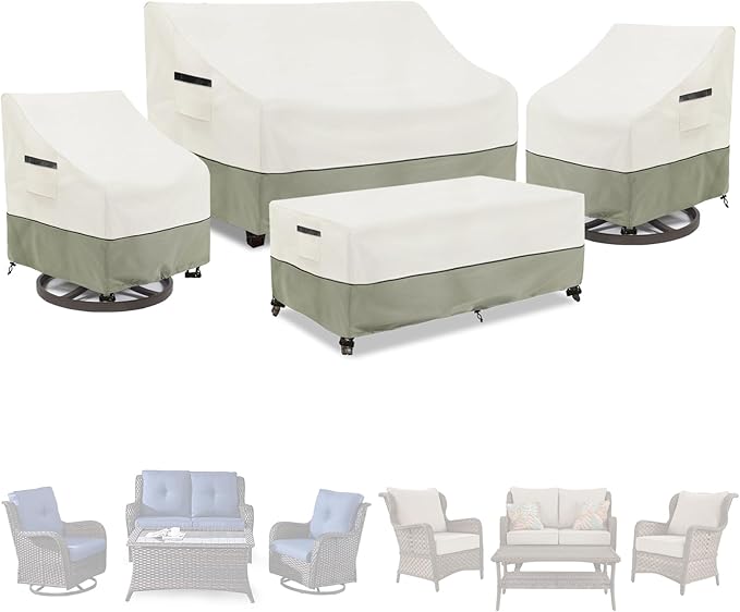 Patio Furniture Covers 4 Piece Set, 600d Heavy Duty Outdoor Furniture Covers Waterproof for Patio Loveseat, Swivel Rocker Chair and Coffee Table,White&Grayish Green