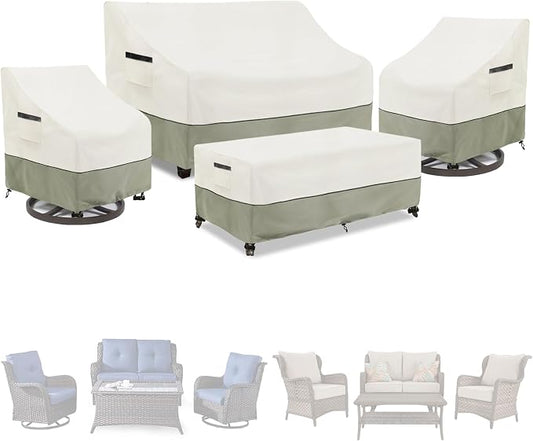 Patio Furniture Covers 4 Piece Set, 600D Heavy Duty Outdoor Furniture Covers Waterproof for Patio 3-Seater Sofa,Swivel Rocker Chair and Coffee Table Furniture Set,Beige,Large