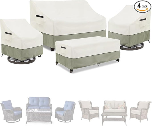 Patio Furniture Covers 4 Piece Set, 600d Heavy Duty Outdoor Furniture Covers Waterproof for Patio Loveseat, Swivel Rocker Chair and Coffee Table,White&Grayish Green