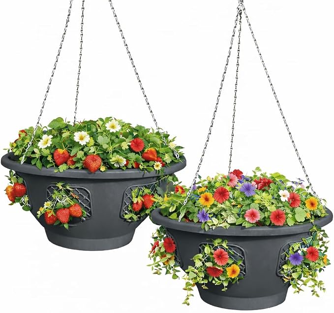 Hanging Planter Basket 10 Pack Bulk, Easy Fill Strawberry Planter, Outdoor Hanging Basket with Side Planting Panels, Durable UV Resistant Planters, Made in USA, 10, Gray