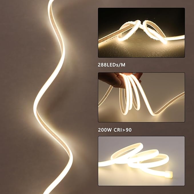 BENLUN AC 110V COB LED Strip Lights Outdoor Waterproof 65.6ft, 4000K Natural White Super Bright 200W CRI 90+ LED Rope Light, IP65 Flexible Cuttable, for Bedroom Garden Commercial House
