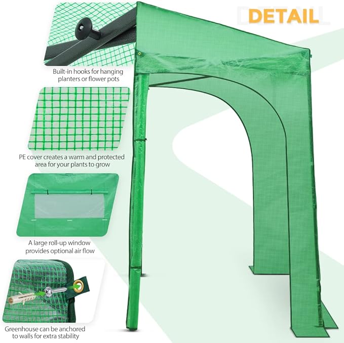 EAGLE PEAK 9x4 Portable Walk in Greenhouse, Pop Up Indoor Outdoor Greenhouse, Green House Kit with Zippered Roll-Up Doors and Windows, Lean-to Design, PE Cover, Clear/Green