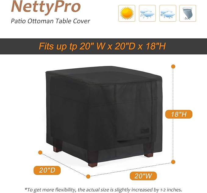 NettyPro Outdoor Patio Ottoman Cover, Waterproof Square Side Table Cover, 20L x 20W x 18H inch, Black