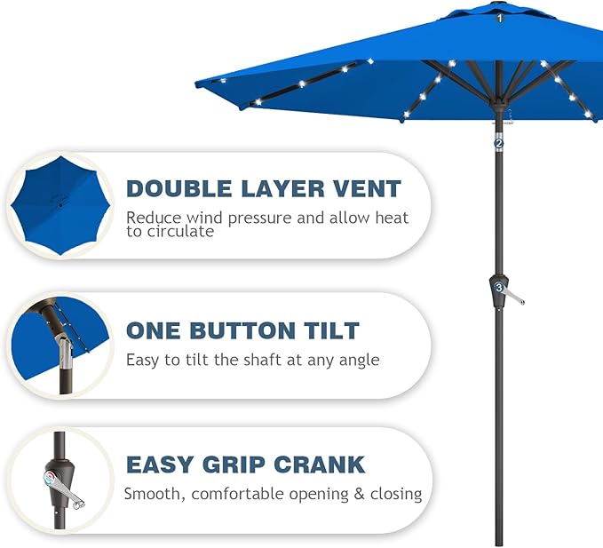 9FT Patio Umbrella with Solar Lights,Outdoor Market Umbrella with Tilt and Crank, LED Lighted Table Umbrella for Garden,Deck,Backyard,Pool,Beach