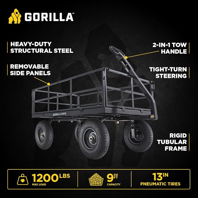 Gorilla Carts Steel Utility Cart, 9 Cu Ft Bed, 1200 lb Load Capacity, Black – Towable Heavy-Duty Outdoor Hauling Wagon with Removable Side Panels for Yard, Lawn, Garden or Landscaping