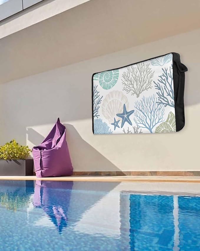 Coastal Outdoor TV Cover 52-55 Inches - Weatherproof & Waterproof, Summer Beach Blue Teal Coral Enclosure with Remote Control Pocket, Nautical Starfish Screen Protectors