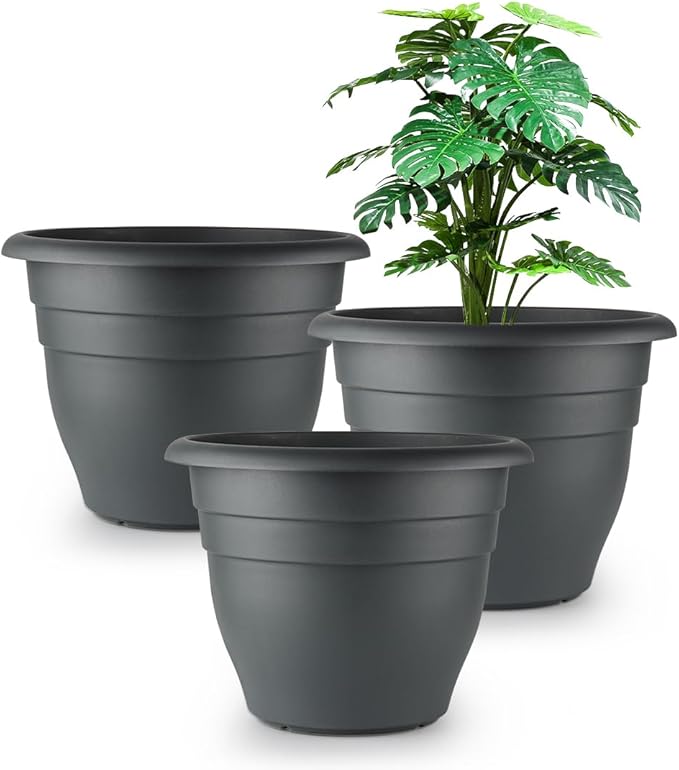 RooTrimmer 12 Inch Plant Pots, Large Planters for Outdoor Plants, Plastic Flower Pots - Durable and Lightweight with Drainage Holes (3 Packs, Gray)