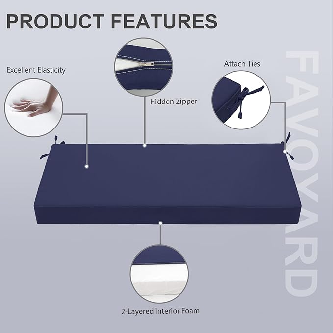 Favoyard Outdoor Bench Cushion 45 x 18 Inch Waterproof Patio Furniture Cushions 3-Year Color Fastness Garden Sofa Settee Couch Swing Pads with Handle and Attach Ties, Blue