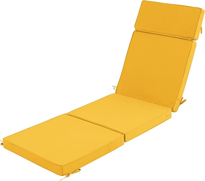 72 x 21 Inch Outdoor Chaise Lounge Cushion - Removable Cover, 4-Section Design, Water-Repellent & Fade-Resistant, 6 Tie Straps, Replacement for Patio & Pool Chairs - Yellow