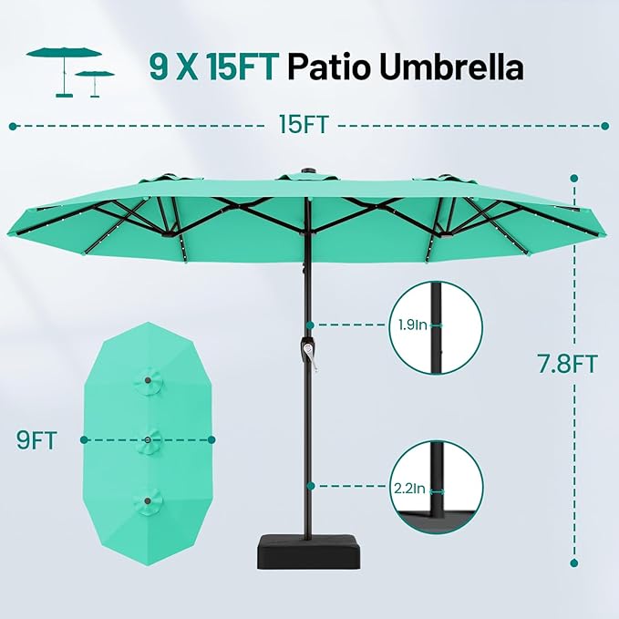 AreShark 15FT Patio Umbrella with Solar Lights, Double Sided Outdoor Table Umbrellas with Crank, Large Rectangular Market Umbrella for Porch, Lawn, Pool, Backyard, Peacock Blue