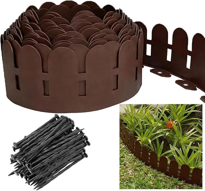 Landscape Edging 66FT, 5.5IN Tall Garden Edging Border with 100pcs Spikes, Plastic Lawn Edging Kit, Tool-Free Flexible Borders Edging for Garden Flower Beds Tree Surrounds Yard Pathway, Brown