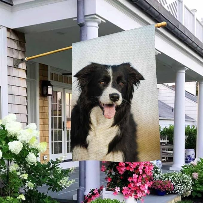 AOYEGO Border Collie Dog House Flags 28 x 40 Double Sided Burlap Dog Pets Puppies Black and White Yard Flags Spring Summer Farmhouse Seasonal Outdoor Flag