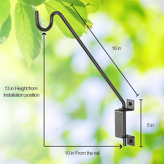 AILIN YELOKIE 16" 360° Swivel Deck Hook - Heavy Duty Solid Steel Plant Hanger, 12-Directional Adjustable Wall Bracket for Bird Feeders/Pole, Outdoor Plants & Wind Chimes, Black (2-Pack)