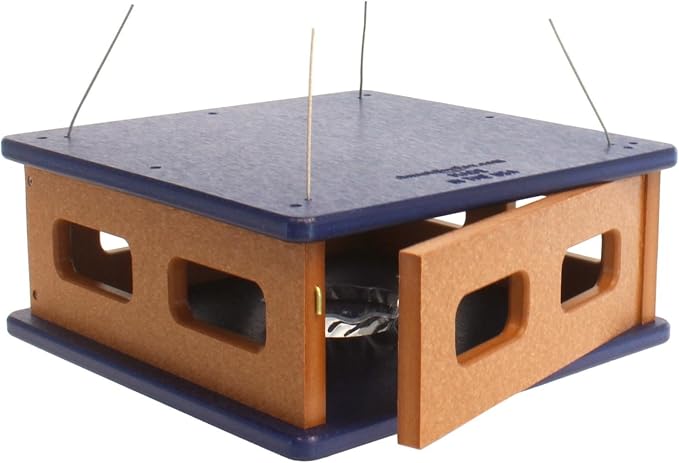 Bluebird Feeder - Hanging Block House Mealworm Feeder for Bluebirds - Amish-Made with Poly Lumber (Patriot Blue and Cedar)