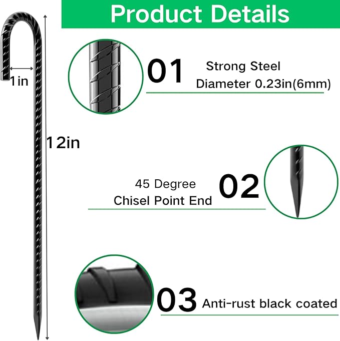 Rebar Stakes 12 Inch 16-Pack, Premium Black Coated J Hook Heavy Duty Ground Stakes for Chain Link Fence, Camping Tents, Inflatables, Outdoor Decoration