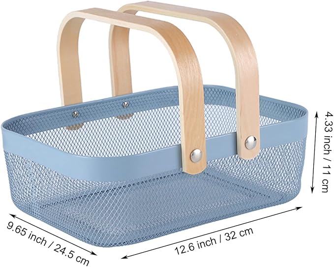 AJIODA Metal Mesh Steel Basket, Storage Organizer Baskets Garden Harvest Basket Multi-functional Kitchen Fruit Baskets Bin with Wooden Handle for Bathroom Picnic Shopping Decor Cabinet Home, Blue