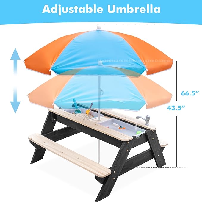 Kids 3-in-1 Sand & Water Table, Wood Outdoor Convertible Picnic Table w/Umbrella, 2 Trays, Removable Top with Faucet, Picnic Table for Outdoor Playset (Black/Orange)