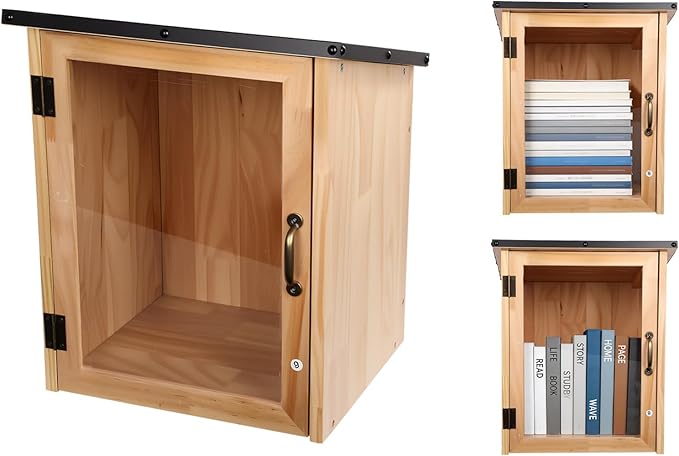 FAHKNS Little Library Box Outdoor, Waterproof Outdoor Library Book Box, Little Wood Cabinet for Sharing Books, Art Literature and Newspapers with Neighborhoods, Community and Schools