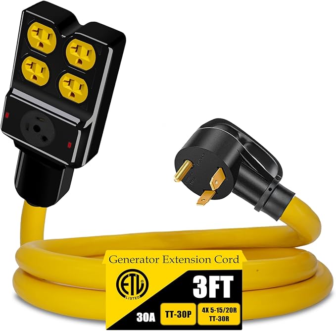 NEMA TT-30P to 4X 5-20R/5-15R&TT-30R Generator Adapter Extension Cord, 3 Prong 30 Amp to 110V,Twist Locking to 15 Amp/20 Amp Household Outlet, 125V 3750 Watts, ETL Listed (3FT)