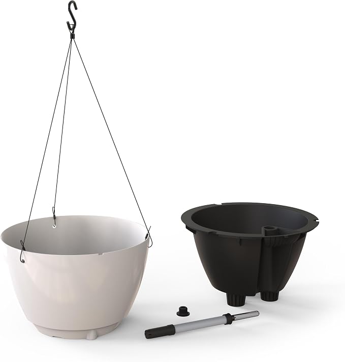Mayne Caprio Self Watering Hanging Planter Set, 2 Pack - Sturdy, Lightweight Planters for Indoor and Outdoor Use, with Water Level Indicator and Drainage System, Basket for Flowers, White