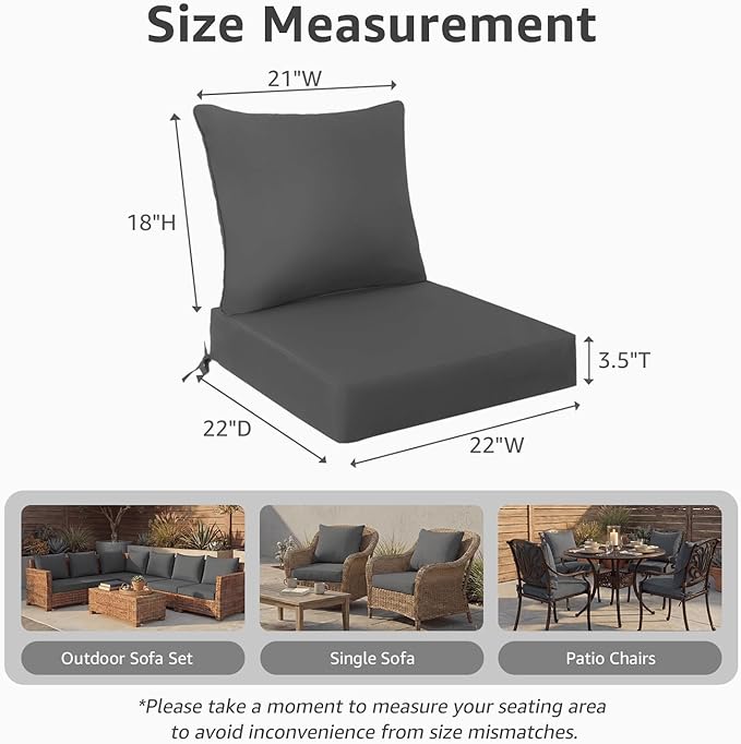 PatioGlow Outdoor Seat Cushion Set, 22" x 22" x 3.5", Set of 2, Water-Resistant & Fadeness Patio Furniture Cushions with Removable Cover & Ties, Thick Deep Seating Pads for Outside Sofa Couch, Grey
