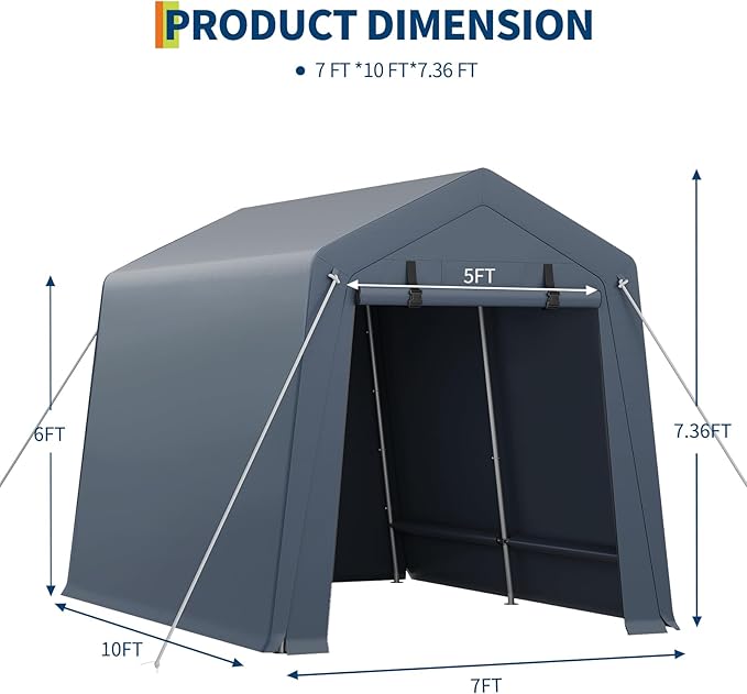 GarveeHome 6x6 FT Portable Outdoor Storage Shed with Roll-Up Zipper Door & Vent, 240G Heavy-Duty Shelter Waterproof PE Tarp, UV-Resistant Carport for Motorcycle, Firewood, Tools -Gray (Gray, 7x10)