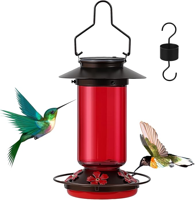 TANSOREN Solar Hummingbird Feeder for Outdoors Hanging Glass 21 Ounce with 5 Bee Guard Feeding Ports and Ant Moat, Leak-Proof, Red