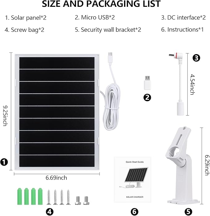 8W Solar Panel for Security Camera, Waterproof Outdoor Solar Charger with USB-C&DC&Micro USB Port for Ring/Wyze Rechargeable Battery Camera, 9.5ft Cable, 360° Adjustable Bracket（2 Pack）