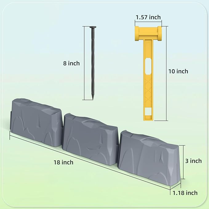 16Pcs No Dig Landscape Edging(24 Foot) with 48 Pieces 8-inch Spikes | 3 Inch Tall Faux Stone Edging for Landscaping | Faux Stone Edging Bricks for Flower Bed,Lawn,Yard,Weed Barrier(Dark Grey)