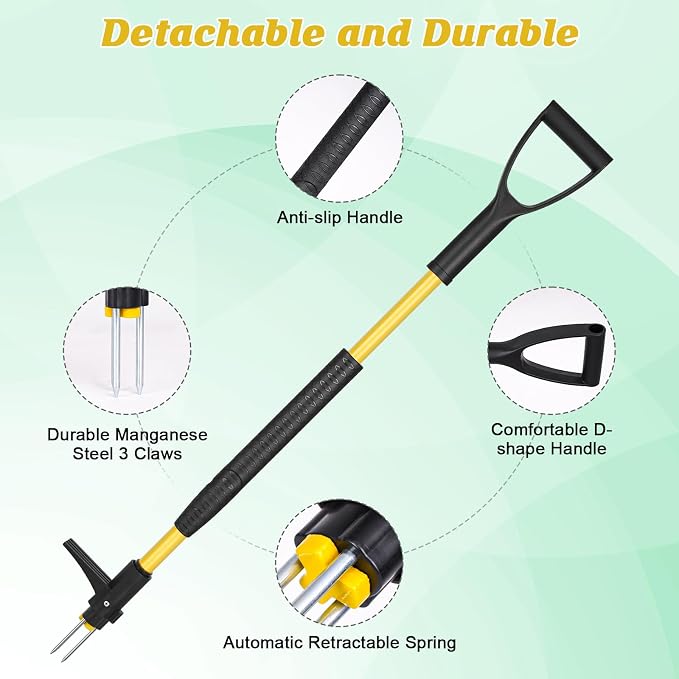 39" Stand Up Weed Puller Tool - Heavy Duty Detachable 3-Claw Weeder with Ergonomic Long D-Handle Lawn Leveling Rake 17x10 inch, Heavy Duty Ground Leveler for Soil, Sand