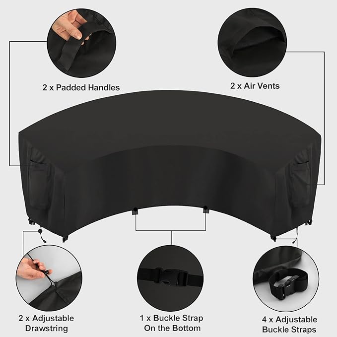 OutdoorLines Waterproof Curved Outdoor Sectional Cover - UV Resistant Windproof Patio Sectional Sofa Covers for Deck, Lawn and Backyard, Heavy Duty Furniture Covers (150Lx36Dx38Hx112FL, Black)