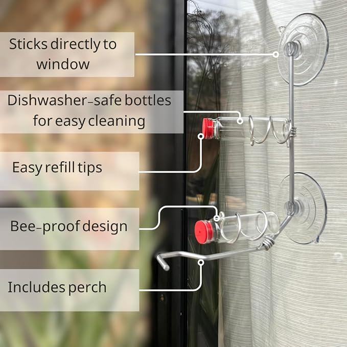 Window Hummingbird Feeder | Handcrafted Copper and Aluminum | Multiple Stations | Modern Hummingbird Feeder | Home Décor | Glass Bottles | Suction Cups (Aluminum, Two Station)