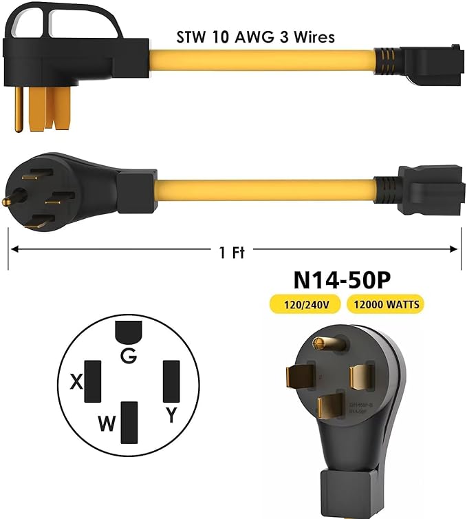 10 AWG Heavy Duty NEMA 14-50p to 6-20R 250 Volt 4-Prong 50 Amp to 20 Amp Adapter T-Blade Compatible with Generator Level 2 EV Charging Wall Socket 10/3 AWG 1FT