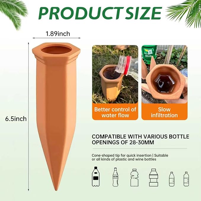 Large Clay Plant Watering Spikes with Lids | 6 Pack Automatic Self Watering Stakes for Large Indoor & Outdoor Planters | Terracotta Vacation Plant Waterer with Bonus 3-Tooth Soil Loosening Rake