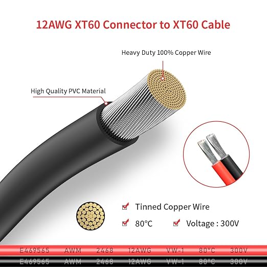 ELFCULB 12AWG 2FT XT60 Extension Cable, XT60 Female to Male Connector for RC Battery Portable Power Station Solar Panel(2 Pieces)