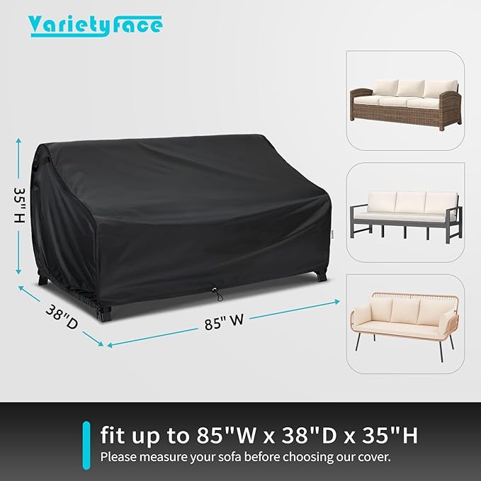 Extra-Large Outdoor Sofa Cover 85"W x 38"D x 35"H, Oversized Patio Couch Cover with Air Vents, Adjustable Buckle Straps, UV Resistant, Black