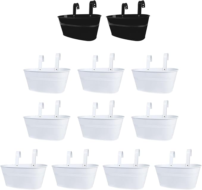 LaLaGreen Bundle- 2 Pack, 9.8 Inch Black + 10 Pack, 11.2 Inch White Metal Pot Hanging Strawberry Planter Holder Railing Deck Fence Herb Flower Bucket Boxes Wall Mount Porch Patio Balcony Outdoor Decor