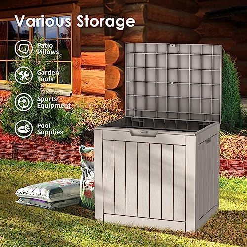 30 Gallon Deck Box, Waterproof Resin Outdoor Storage Box with Lockable Lid, Patio Storage Box with Fade Resistant for Patio Furniture Cushions, Pool Accessories, Garden Tools, Light Coffee