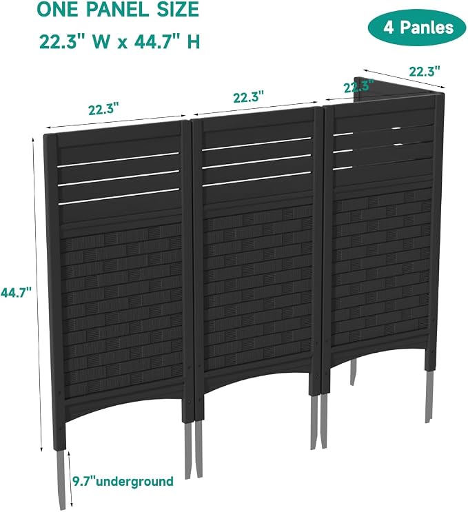KINYING Air Conditioner Fence Privacy Screen,4 Panels Pool Equipment Trash Can Enclosure Screen for Outdoor,Resin Fence Panels Kit,45" (H) x 22" (W) Per Panel, Black