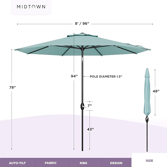Midtown Umbrellas - 10-Year-No-Fade 8 Ft Patio Umbrella with Terylast Fabric, Auto-Tilt Aluminum Frame and 8 Reinforced Ribs for Deck, Pool, Garden & Beach - Aqua Canopy, Black Pole