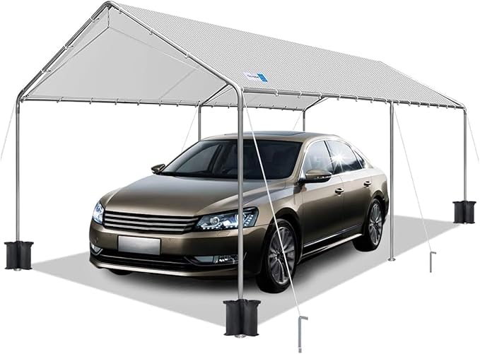 Carport Canopy 10'x20' Heavy Duty Carport, Waterproof & UV Protected Garage Top Tarp Shelter Cover with Reinforced Steel Cables, Outdoor Portable Garage for Car, Boat Tent, Light Grey
